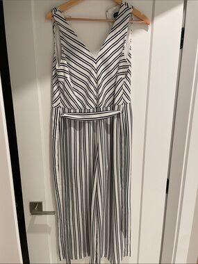 Banana Republic Black & White Striped V-Neck Jumpsuit